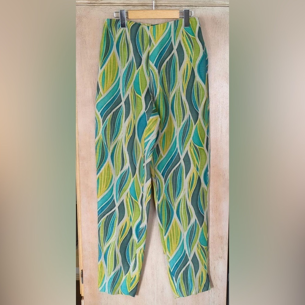 Dana Buchman Silk Linen Blend high waisted colorful watercolor pants chartreuse